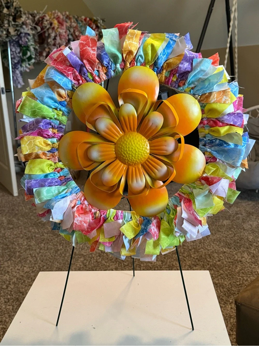 Colorful cloth Wreath with Orange Metal Flower Center - Home Party Decor